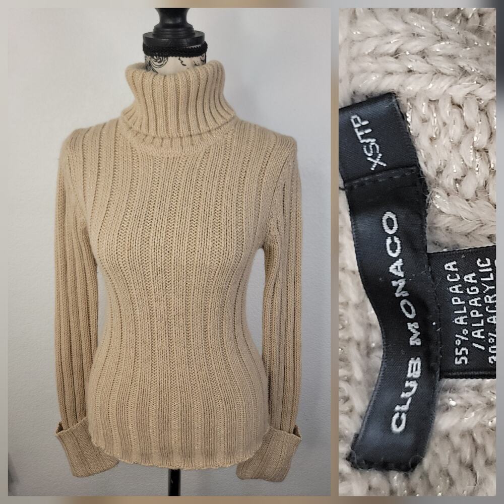 Club Monaco Sweater Womens XS Ribbed Turtleneck Alpaca Blend Tan Metallic Chic